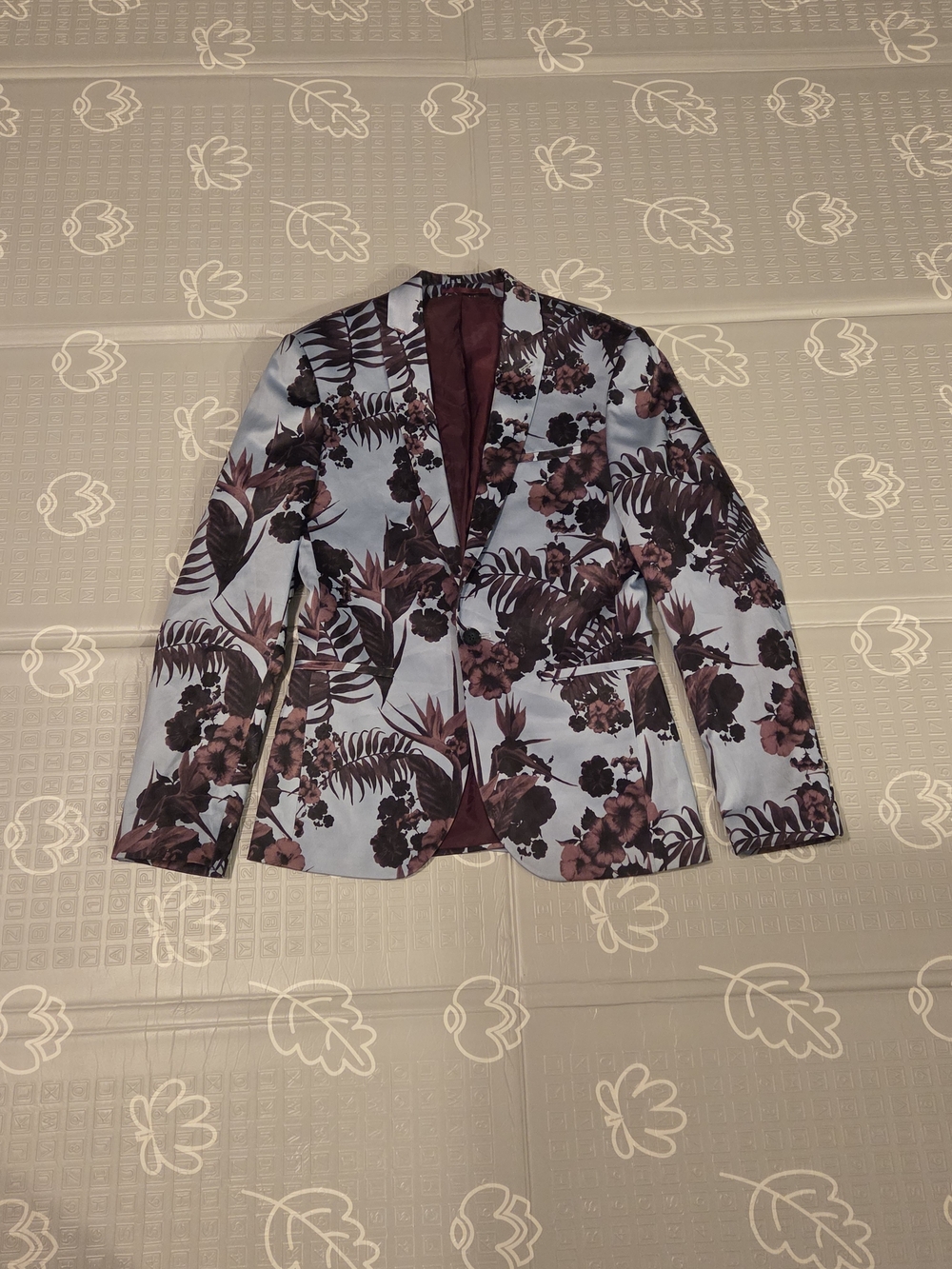Floral Print Men's Blazer in Light Blue and Brown